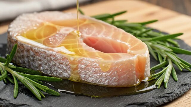 Fresh raw swordfish steak on dark slate plate garnished with rosemary sprigs and olive oil drizzled slowly over the fish fillet