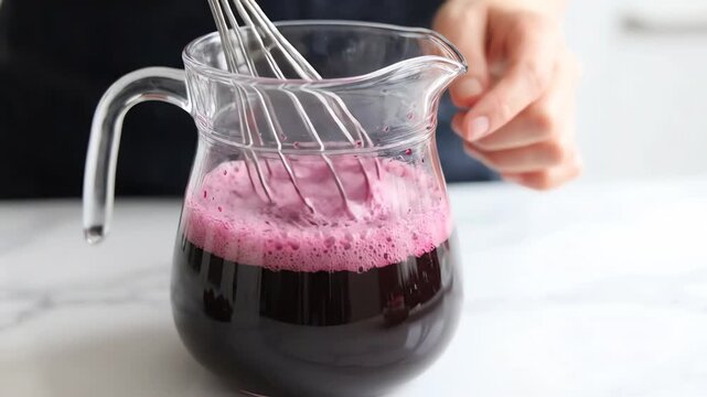 Freshly prepared dark black chokeberry juice being frothed with a manual whisk creating rich violet foam in a medium shot