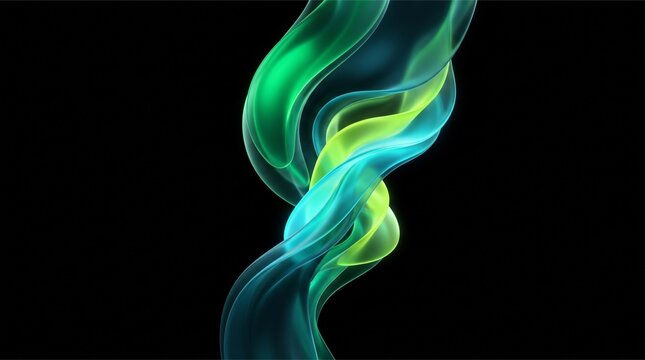 Abstract flowing liquid waves in vibrant green and blue colors on a black background.