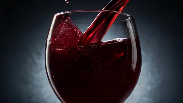 Red Wine Pouring Into Wine Glass With Dramatic Splash, Reflection, Liquid Beverage, Dark Background