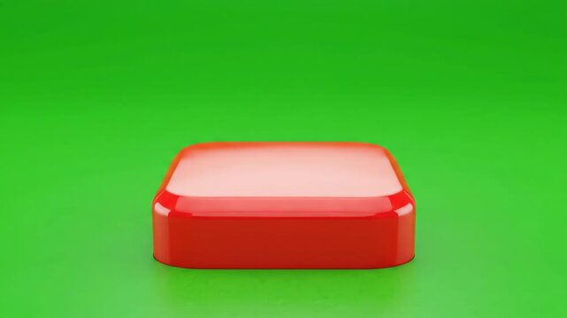 Glossy red square stop button icon pressing down and releasing on a chroma key green screen background animation
