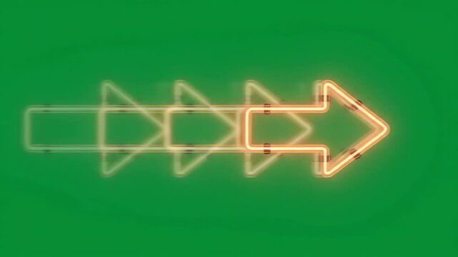 Glowing neon arrow animation pointing right with smooth motion on green screen background chroma key overlay