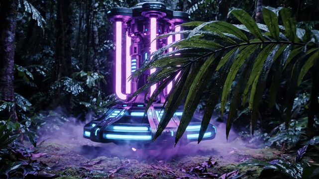 Futuristic neon podium glowing with vibrant purple and cyan light in a dark tropical jungle with lush palm leaves swaying in the breeze