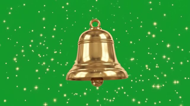 Golden notification bell ringing and swinging with sparkle effects on a bright chroma key green screen background for video editing