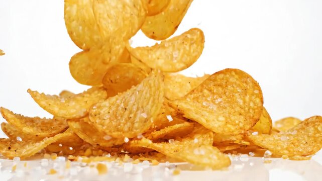 Golden salted potato chips falling in slow motion against a clean white background with scattered crumbs and salty seasoning