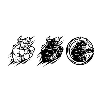 Rampaging bull logo set with aggressive animal mascot designs for sports branding