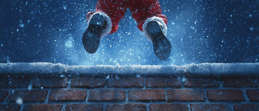 Santa jumping from a snowy rooftop at night.