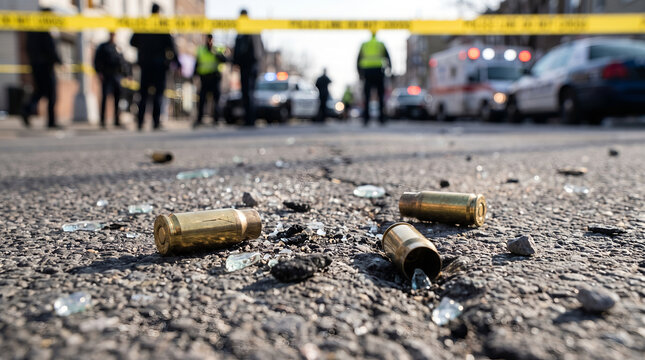 Spent bullet shell casings, with shattered glass fragments on asphalt road, lying on street surface, in urban crime scene outdoor location, law enforcement photography