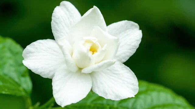 Rapid time-lapse macro shot of a single jasmine flower bud dramatically opening and blooming into a pristine white blossom with gentle petal movements