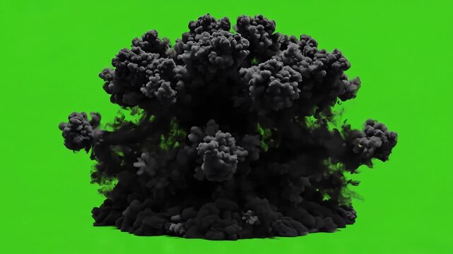 Powerful burst of dense black smoke exploding outwards against a bright green screen background for visual effects compositing