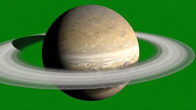 Realistic Saturn planet with rings slowly rotating against a chroma key green screen background