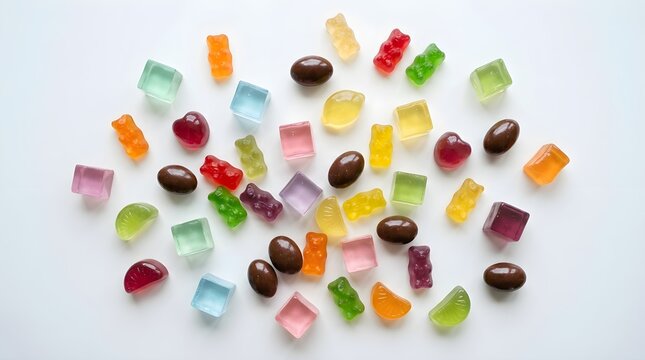 Colorful assortment of multi-colored gummy bear candies and chocolate beans scattered on a white background