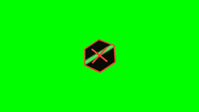 Neon cross mark wrong answer badge with shake on green screen