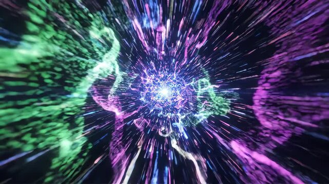 Seamless loop of dynamic flowing neon particles forming an abstract digital tunnel with high energy glowing light and vibrant chromatic trails