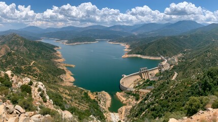 Fototapeta premium Breathtaking Aerial View of a Hydroelectric Dam Surrounded by Mountains and Lush Greenery Under a Blue Sky with Puffy White Clouds