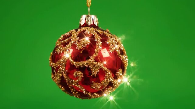 Shiny red and gold Christmas ornament rotating and swinging gently on a bright green screen background with sparkling festive reflections