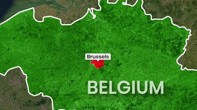 Animated map footage showing Belgium's borders and Brussels location clip
