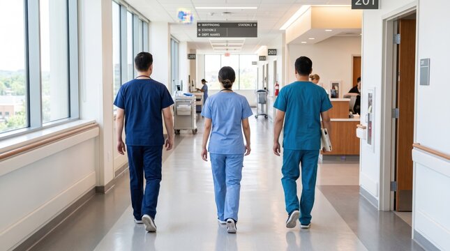 Three medical professionals walking down a bright hospital corridor, doctors and nurses in blue scrubs heading to work, healthcare team, modern clinic hallway with windows