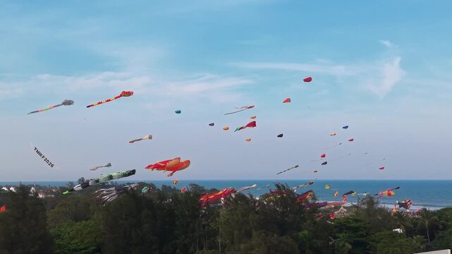 Colourful kites flying over crowds at the Tamil Nadu kite festival - August, 2026, Chennai, India