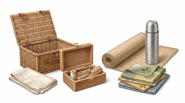 Rustic Summer Picnic Basket with Blanket, Thermos and Outdoor Accessories Clipart