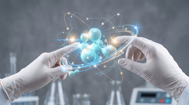 Scientist hands holding glowing blue molecule structure, futuristic chemistry research, laboratory with beakers, atomic model visualization, medical science innovation