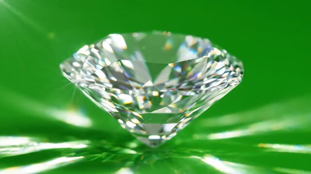 Sparkling brilliant cut diamond rotating slowly on a bright green screen background with caustic light reflections and refractions