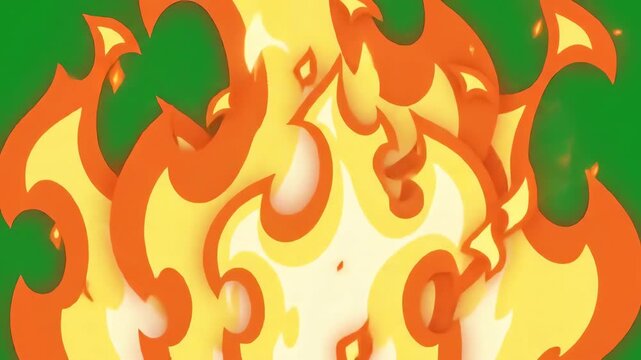 Stylized cartoon fire flames flickering and burning intensely against a bright green screen background for video compositing