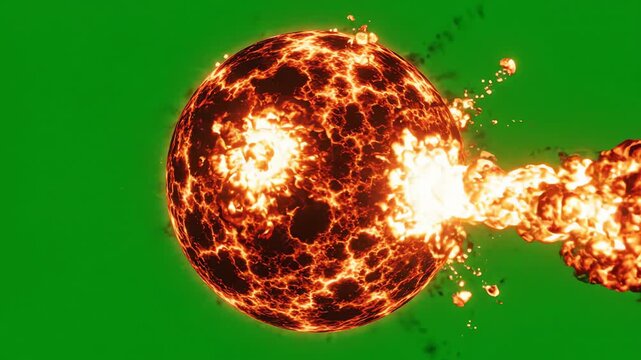 Stylized glowing sun with solar flares rotating on a green screen background for video overlay