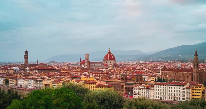 Time lapse Scenic Wide View of Historic Florence City and Duomo Dome Tuscany Italy 4K