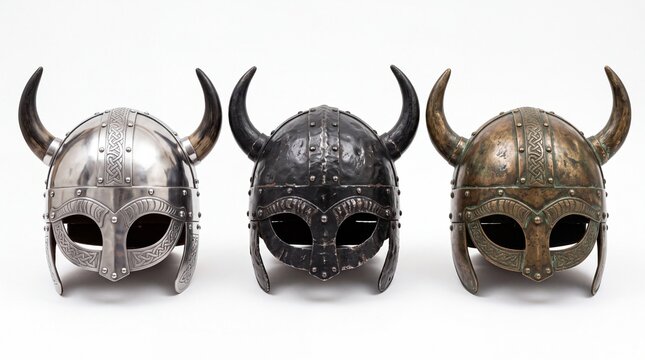 Three decorative metal Viking helmets showcasing distinct finishes in a row displayed on white background
