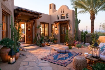 Naklejka premium A morning yoga corner in a desert courtyard with earthen stucco texture under gentle early light.