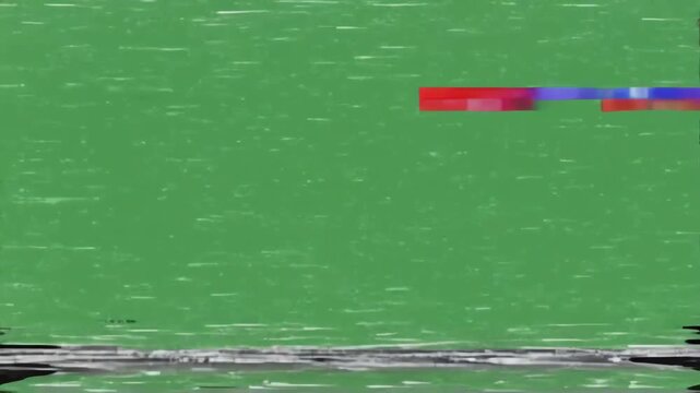 Vintage VHS noise and glitchy tracking interference lines moving over a chroma key green screen background for video editing
