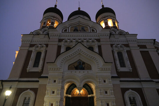 Low-angle night view of Alexander Nevsky Cathedral in Tallinn, Estonia