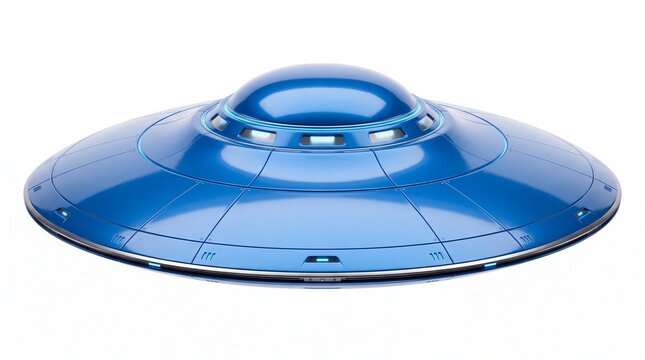 Shiny blue metallic flying saucer featuring glowing lights designed with smooth curved surfaces on white background