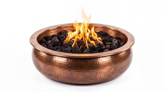 Round hammered copper fire pit containing glowing orange flames and dark volcanic rocks on white background