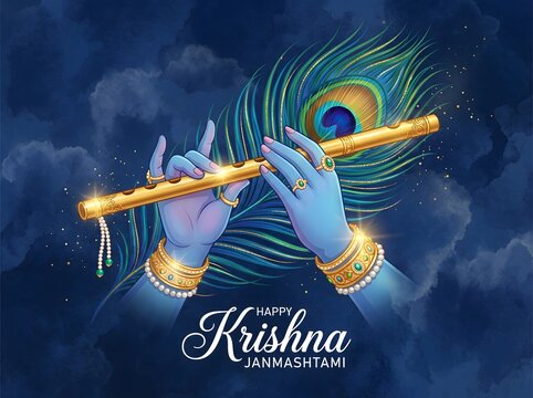 Hands of Hindu god Krishna playing golden flute with peacock feathers and jewels.