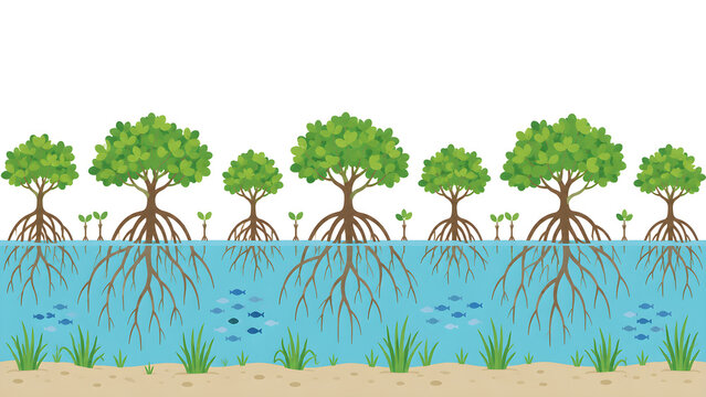 Flat vector cross section of mangrove ecosystem with stilt roots, fish and seabed