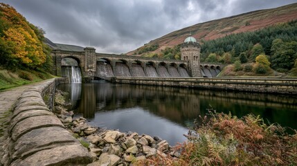 Obraz premium Stunning Reservoir Dam Surrounded by Lush Nature and Reflective Waters Under Dramatic Cloudy Sky in Scenic Mountain Landscape