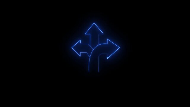 Neon blue three-way directional arrow sign, glowing path choice concept, digital interface for navigation and decision making