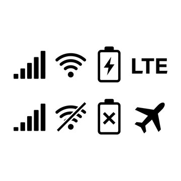 Mobile phone status bar icons set including signal, wifi, battery, lte and airplane mode symbol