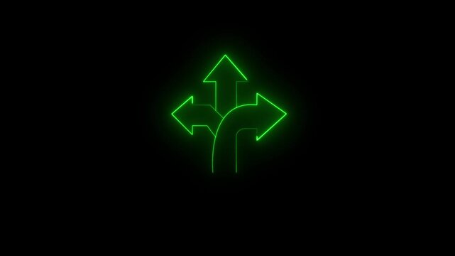 Neon green three-way directional arrow sign glowing on black background, arrows navigation