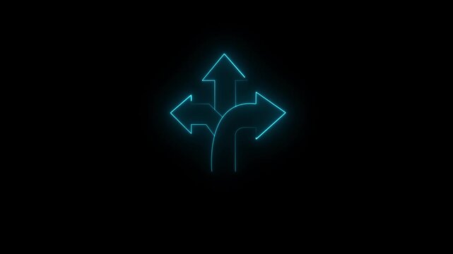 Neon blue glowing three-way directional arrow sign for navigation and decision making