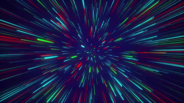 Neon light speed warp tunnel abstract background, hyperspace travel effect, digital cyberpunk motion for sci-fi projects