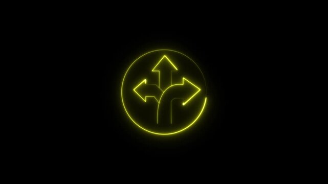 Neon yellow three-way directional arrow sign glowing on black background, for navigation and, decision making concepts