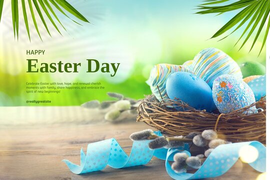 Realistic Easter Day banner featuring blue painted eggs in bird nest, pussy willows, and wooden table