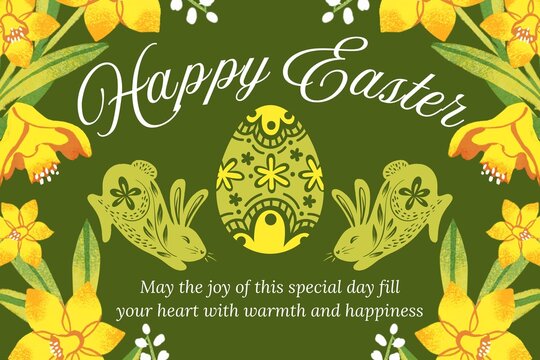 Folk art style spring holiday greeting card with cute green Easter bunnies and floral patterns
