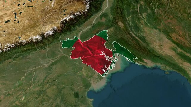 3D Satellite map animation of Greater Bengal transitioning to current Bangladesh border with national flag overlay