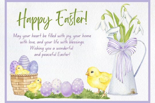 Cute yellow chicks and spring flowers vector illustration for traditional holiday greeting