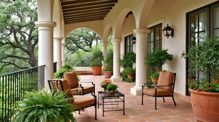 Fototapeta premium Mediterranean style outdoor patio with arches and columns