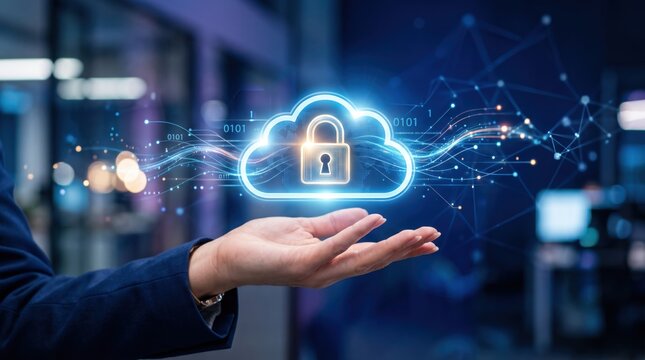 Secure cloud computing with holographic padlock icon, digital data protection and cybersecurity technology illustration, business hand holding virtual server storage safety